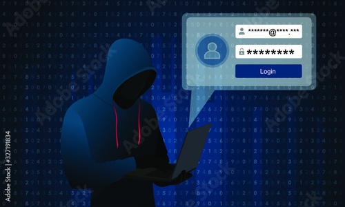 Hooded Hacker hacking or trying to login in, on binary code Background. Hacking and malware concept.