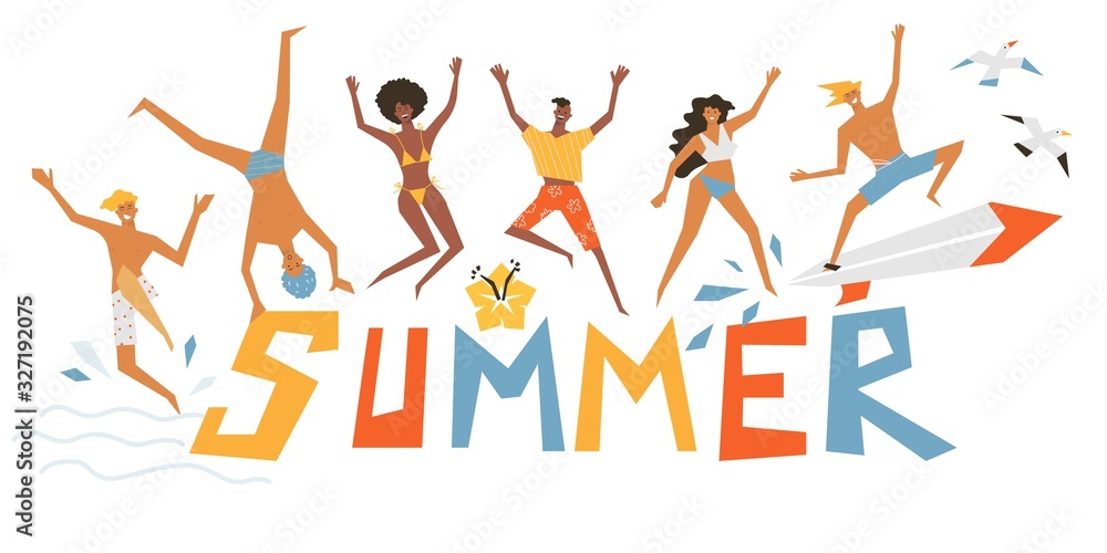 Happy friends on a background of beach scenery. Vector illustration in cartoon style Happy friends on a background of beach scenery. Vector illustration in cartoon style