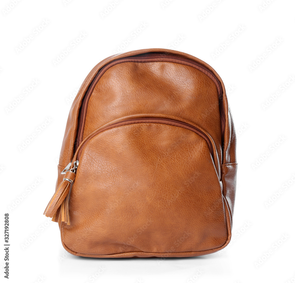 Stylish brown leather backpack isolated on white Stylish brown leather backpack isolated on white