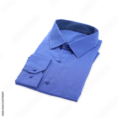 Stylish blue shirt isolated on white. Dry-cleaning service