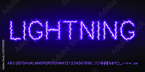light violet blue neon electric lightning font set