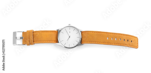 Canvas-taulu Elegant wristwatch with leather band isolated on white, top view