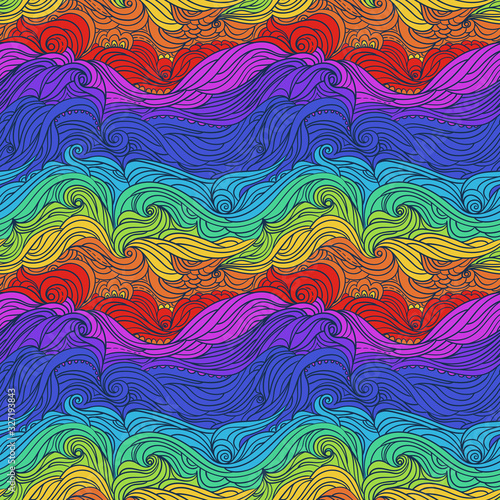 Seamless waves pattern. Abstract water background with curly hand-drawn lines. Colourful tide vector backdrop. Sea and ocean theme. Eps 8