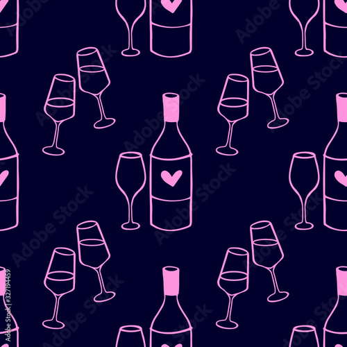 Seamless vector Pattern with bottle of alcohol and wine glasses for Valentine's Day design. Hand drawn love and romance background. Date and night out concept.