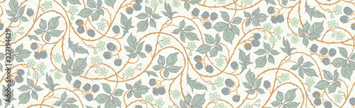 Floral botanical blackberry vines seamless repeating wallpaper pattern- exquisite elegance gold and blue-gray version