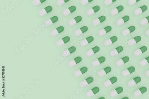 green and white pills in an array, 3d render image, graphic illustration