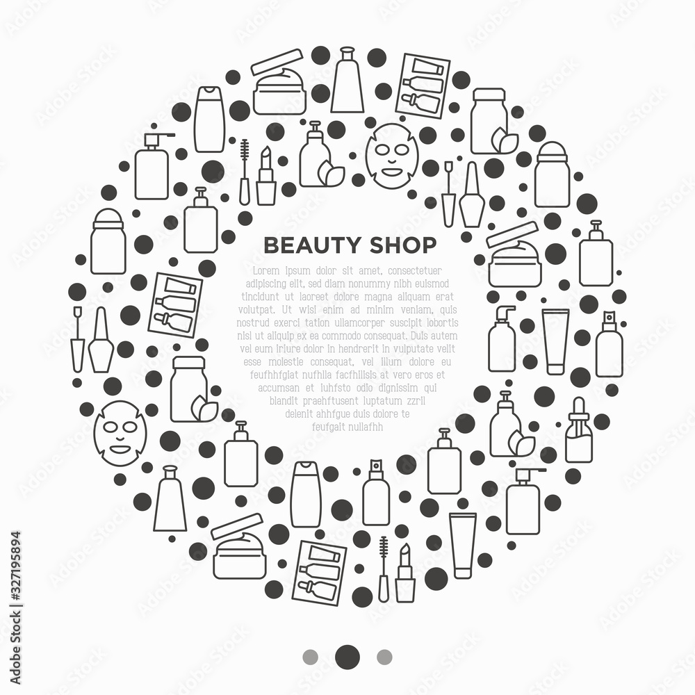 Beauty shop concept in circle with thin line icons: skin care, cream, gel, organic cosmetics, make up, soap dispenser, nail care, beauty box, face oil, sheet mask. Modern vector illustration.