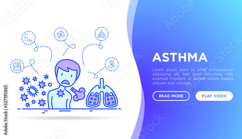 Asthma web page template. Man with asthma attack. Thin line icons: allergen, dyspnea, cough, wheezing, chest pain, diaphragm, sputum, inhaler, nebulizer. Modern vector illustration.