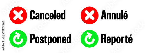 Canceled (American spelling) and Postponed symbol and french translation