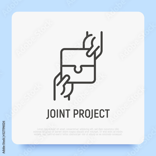 Joint project thin line icon. Teamwork, business cooperation, collaboration. Two hands hold pieces of puzzle. Successful partnership. Modern vector illustration.