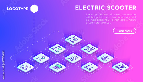 Electric scooter web page template with thin line isometric icons: sharing service, mobile app, QR code, parking, helmet, eco transport, pointer. Modern vector illustration.