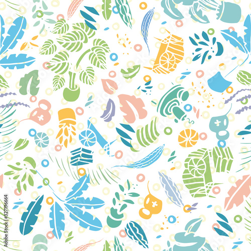 Hygge lifestyle pastel plant pattern with modern floral, shape and dot in pastel tones. Happy cozy tropical plant pattern. Surface pattern design.