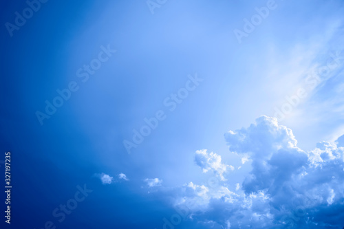 Bright beautiful blue sky with white clouds. The main color trend of 2020 year.