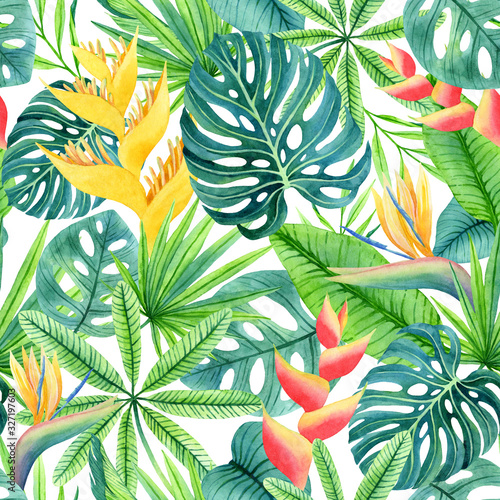Seamless pattern with hand-drawn watercolor leaves and flowers.
