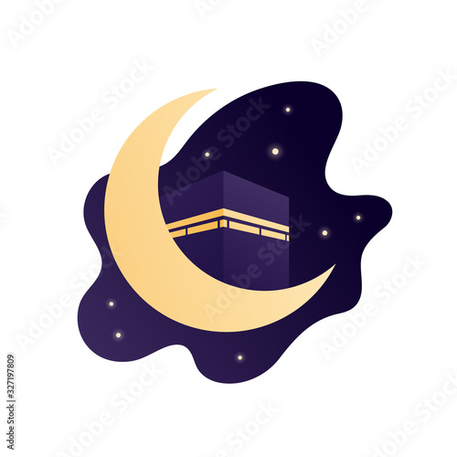 Islamic hajj piligrimage concept. Vector flat illustration. Kaaba holy site and gold crescent on night sky background. Design element for banner, poster, clip art, web, tourism guide.