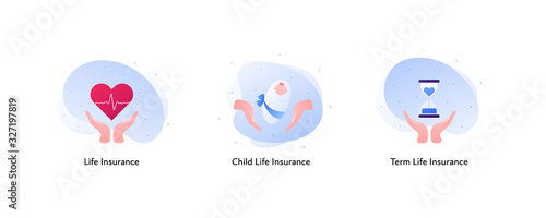 Insurance color icon collection. Life and health concept. Vector flat Illustration set. Hands holding heart shape sign, baby and hourglass clock. Design element for business banner, poster, web, ui.