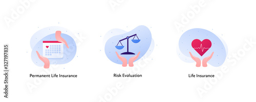 Insurance color icon collection. Life and risk evaluation concept. Vector flat Illustration set. Hands holding heart sign, libra and calendar. Design element for business banner, poster, web, ui.
