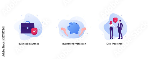 Insurance color icon collection. Business deal and investment concept. Vector flat Illustration set. Briefcase, hand holding piggybank, couple of businessman Design element for banner, poster, web, ui