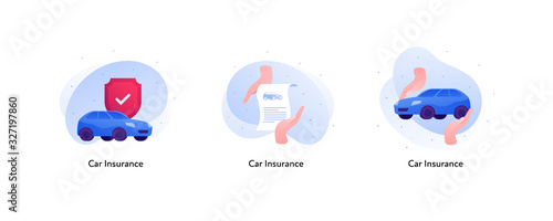 Insurance color icon collection. Car protection concept. Vector flat Illustration set. Car with red shield, paper document and hands holding car. Design business element for banner, poster, web, ui.