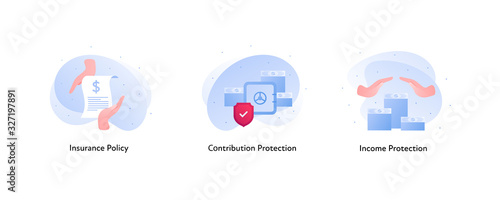 Insurance color icon collection. Income and contribution protection concept. Vector flat Illustration set. Hands holding paper document, money sign and red shield. Design element for banner, web, ui