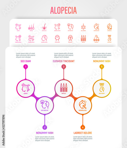 Alopecia and her types infographics with thin line icons. Trichology, hair loss, hair follicle, mesotherapy, ampoules, hair transplant. Vector illustration, template with copy space.