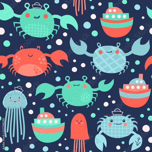 Seamless pattern with marine life. Vector illustration with crabs, jellyfish and boats in childish style.