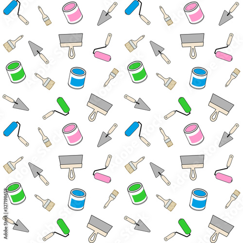 Working tools of a house-painter. Vector seamless pattern for repair tool store, construction store, repair tool store, repair center, printing on packaging, fabric, textile. Design for repair concept