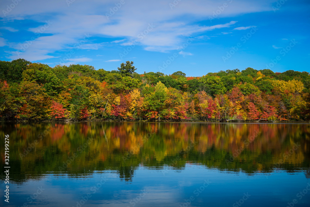 Colorful and autumnal trees reflecting in the water, at the St Bruno national park, Québec Colorful and autumnal trees reflecting in the water, at the St Bruno national park, Québec