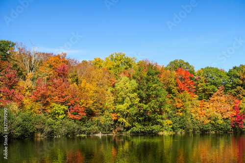 Colorful and autumnal trees reflecting in the water, at the St Bruno national park, Québec photo