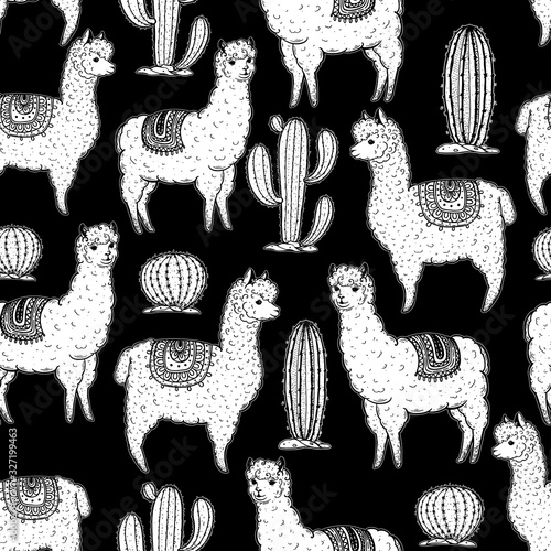 Alpaca seamless pattern. Hand drawn vector illustration. Cute llamas and cactus. Alpaca, llama, cactus background.