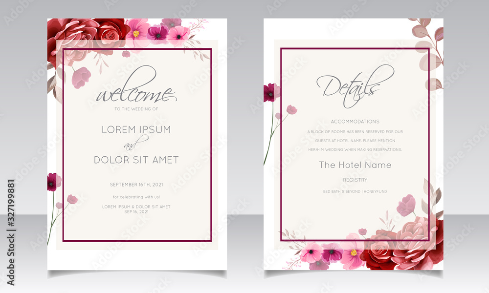 Romantic maroon wedding invitation card template set with rose cosmos ...