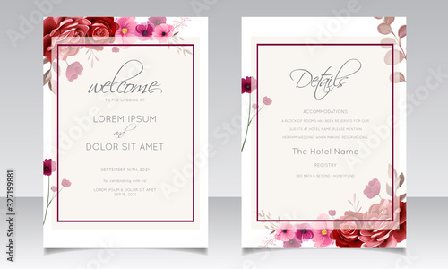Romantic maroon wedding invitation card template set with rose  cosmos flowers  and leaves