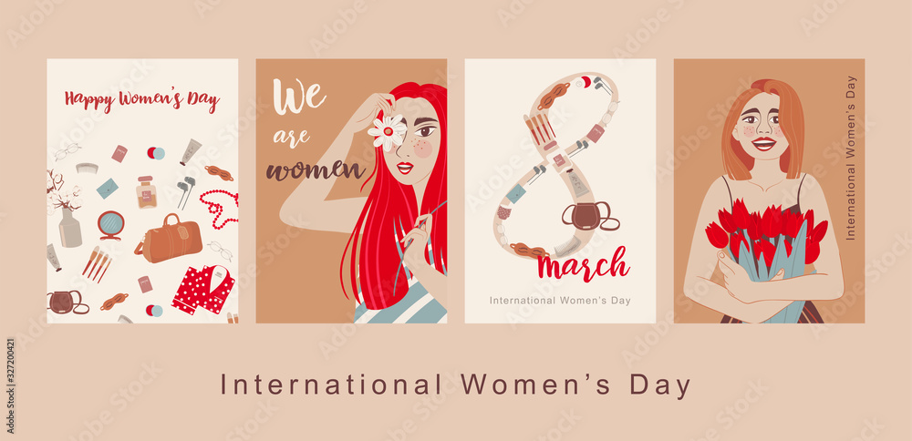 Happy International Women’s Day. Greeting card for women or Mother’s Day. Cute card, banner, poster for the holiday of women’s day on March 8. Feminisms concept template design. Vector template Happy International Women’s Day. Greeting card for women or Mother’s Day. Cute card, banner, poster for the holiday of women’s day on March 8. Feminisms concept template design. Vector template