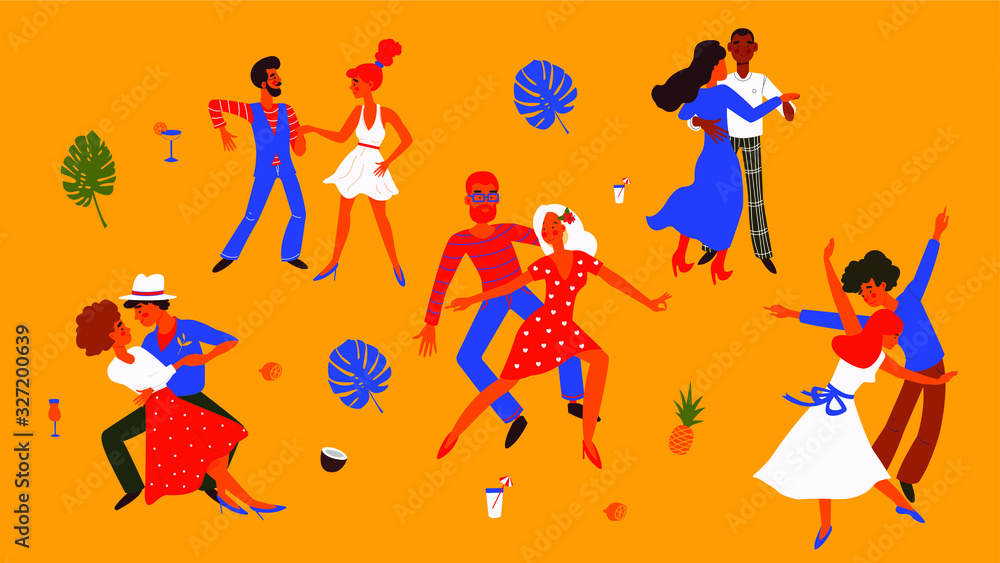 Set of men and women dancing salsa, samba, rumba, latin dance. Male and female dance at school. Characters having fun at party. Flat colorful vector illustration for Instagram story. Set of men and women dancing salsa, samba, rumba, latin dance. Male and female dance at school. Characters having fun at party. Flat colorful vector illustration for Instagram story.