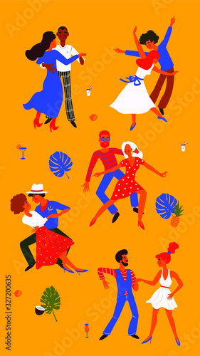 Set of men and women dancing salsa, samba, rumba, latin dance. Male and female dance at school. Characters having fun at party. Flat colorful vector illustration for Instagram story.