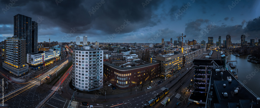 Rotterdam, the Netherlands - Februari 18 2020: view over the skyline of Rotterdam during blue hour in the morning