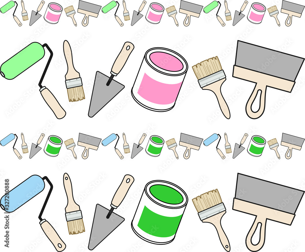 Horizontal border of working tools of a house-painter. Design for repair concept, repair tool store, construction store, repair center, printing on packaging, fabric, textile. Graphic vector image