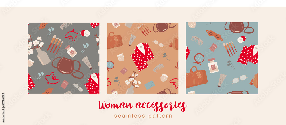 Fototapeta premium Vector fashion hand drawn seamless pattern with women’s accessories and cosmetics. Women’s background with bags, makeup tools, glasses, pajamas and vase with cotton for design end packages product