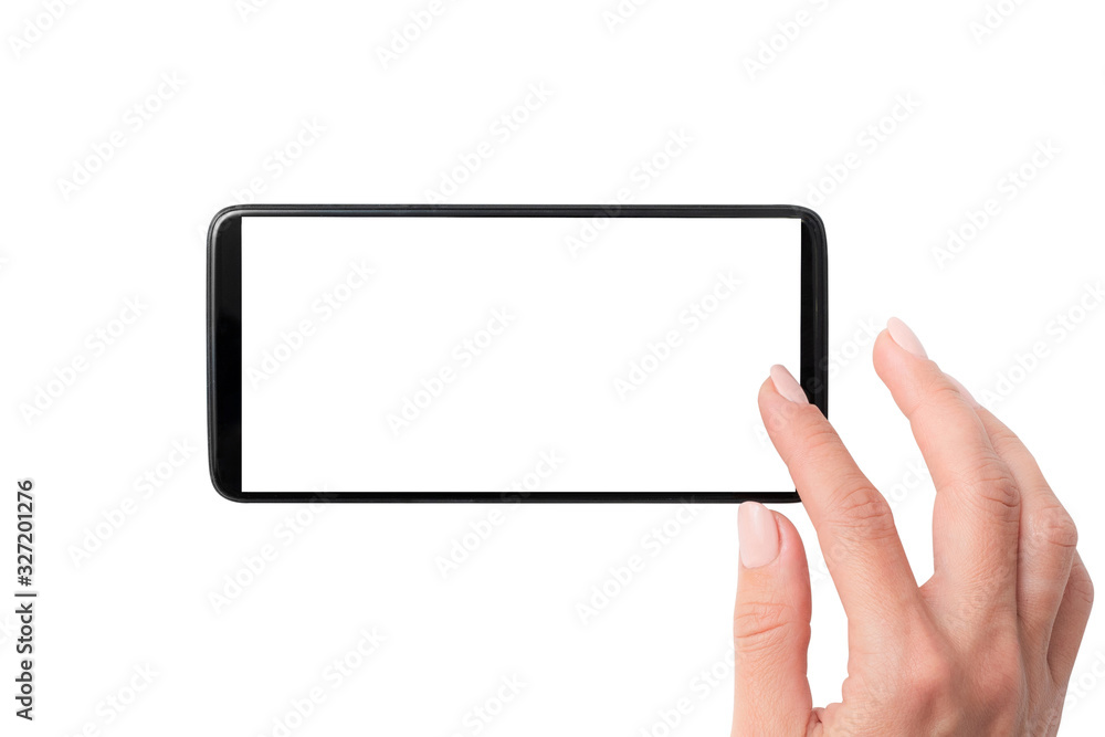 Black modern smartphone with white screen in hands isolated on a white background Black modern smartphone with white screen in hands isolated on a white background