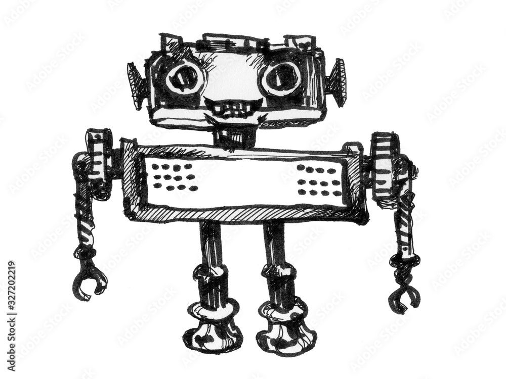 Fototapeta premium Robot character. Vintage toys. Ink drawing. 