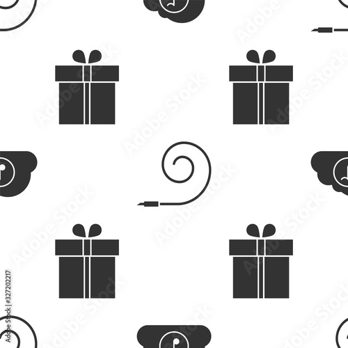 Set Music streaming service , Birthday party horn and Gift box on seamless pattern. Vector