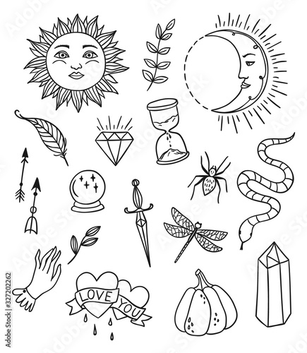 Hand drawn magic set, witchcraft vector doodle symbols. Magician and alchemy signs collection: snake, crystal, sun, moon, feather, pumpkin, dirk.