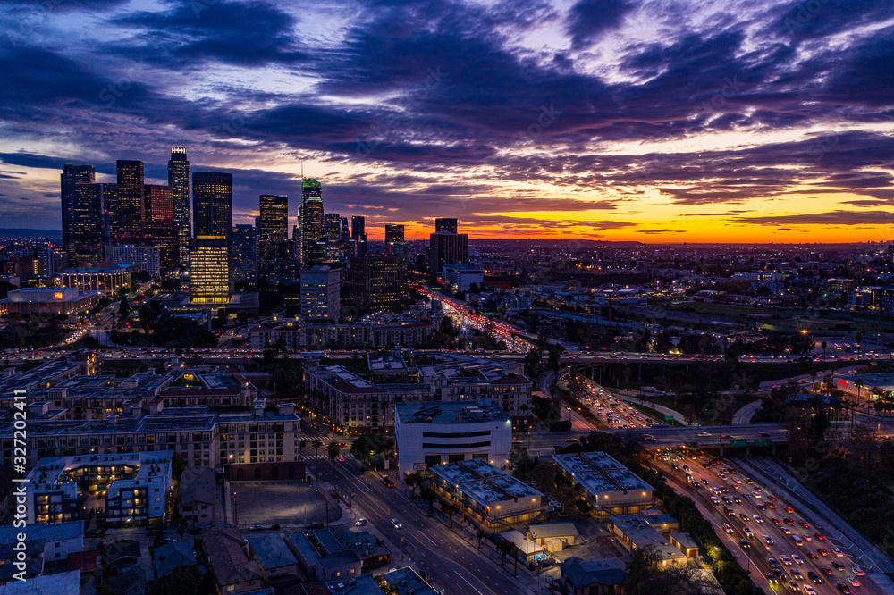 Downtown LA Sunset From Behind Looking South Aerial Los Angeles