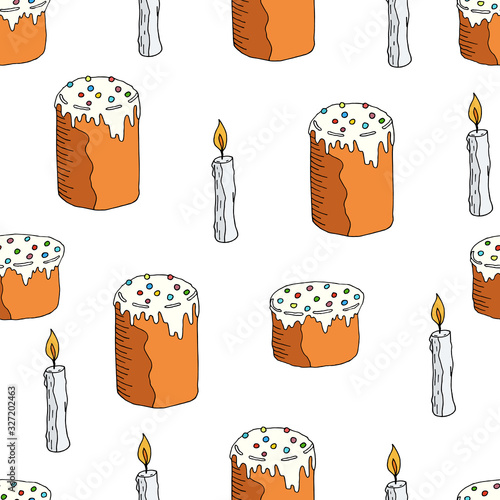 Seamless pattern of Easter cake and candle. Hand drawn doodle vector illustration. Orthodox Easter symbols