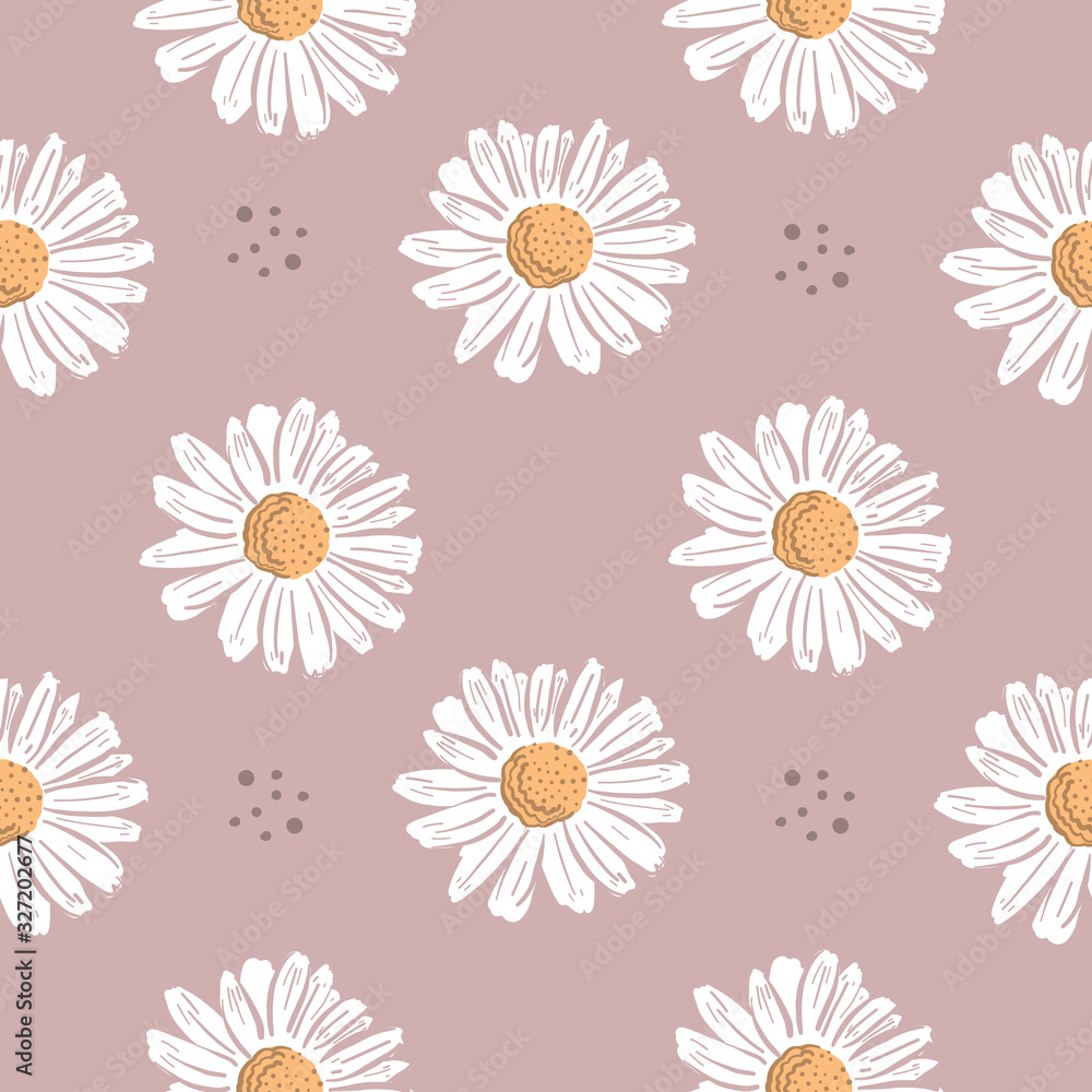 Obraz premium Repeat Daisy Flower Pattern with pink background. Seamless floral pattern. Stylish repeating texture. 