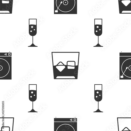 Set Vinyl player with a vinyl disk , Glass of whiskey and ice cubes and Glass of champagne on seamless pattern. Vector