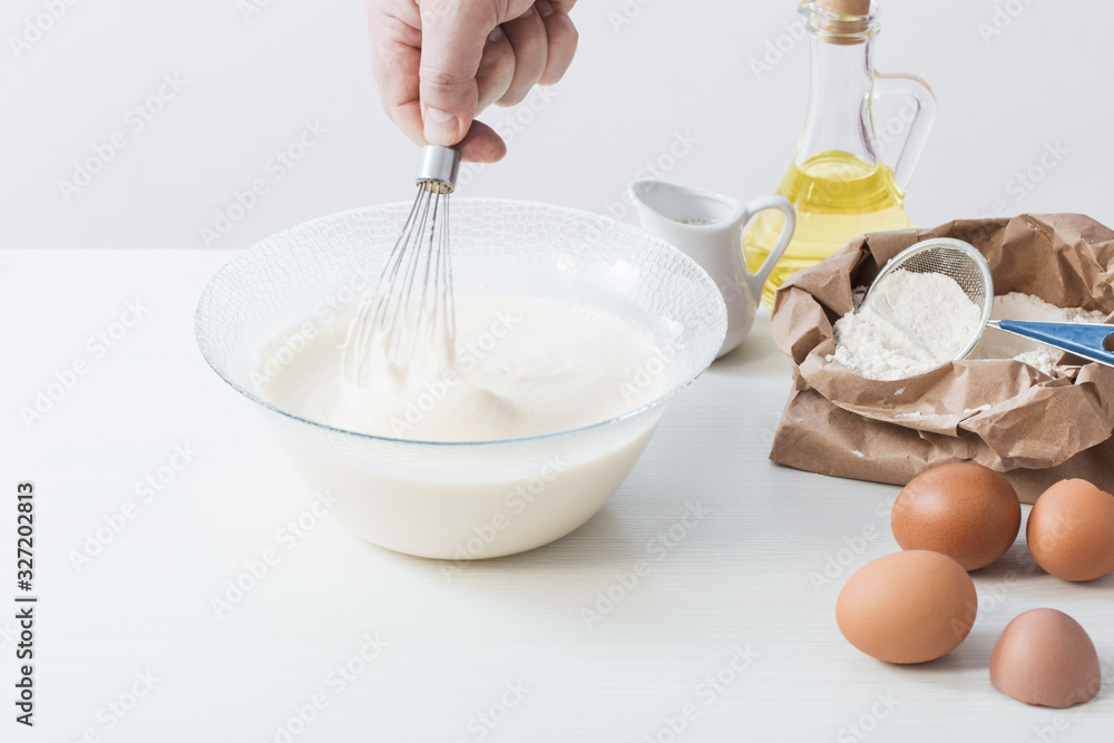 dough in glass plate and products for its preparation on white dough in glass plate and products for its preparation on white
