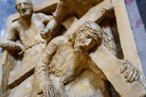 Pápa, Hungary. 2020/2/13. Jesus falls. Station of the Cross. Church of Saint Stephen in Pápa, Hungary.