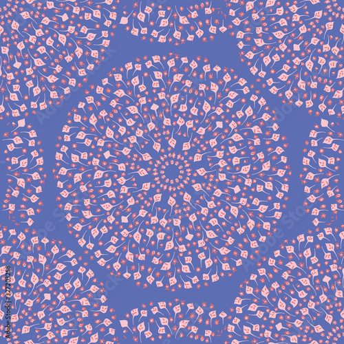 Pink and blue flowers and leaves medallion seamless vector pattern. Decorative ornamental surface print design tile. Great for fabrics, stationery and packaging. photo