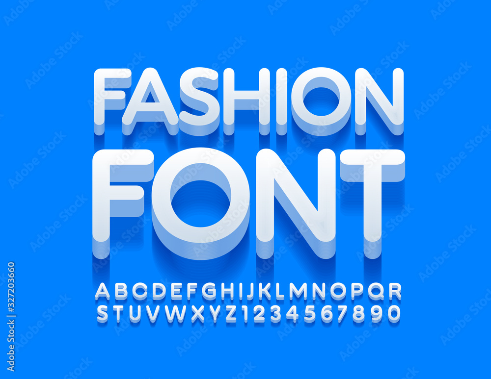 Vector Fashion Font. Trendy White Alphabet. 3D Uppercase Letters and Numbers set Vector Fashion Font. Trendy White Alphabet. 3D Uppercase Letters and Numbers set